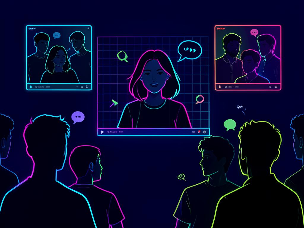 Adolescents réunis autour d'un atelier de communication en visioconférence, en style néon