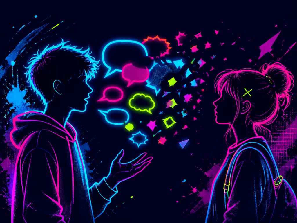 Deux silhouettes face à face, illustrant le décalage entre ce qu'on dit et ce qui est compris, en style néon