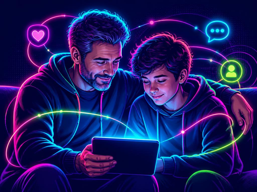 Un parent et son adolescent face à un écran lumineux, illustrant le lien de communication retrouvé, en style néon